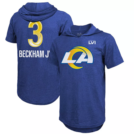 Men's Majestic Threads Odell Beckham Jr. Royal Los Angeles Rams Super Bowl LVI Name & Number Short Sleeve Hoodie T-Shirt, Size: XL, LAR Blue