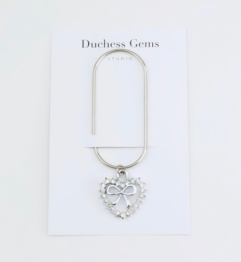Silver Heart Charm Paper Clip, Bow Paperclip Pagemarker, Bookmark