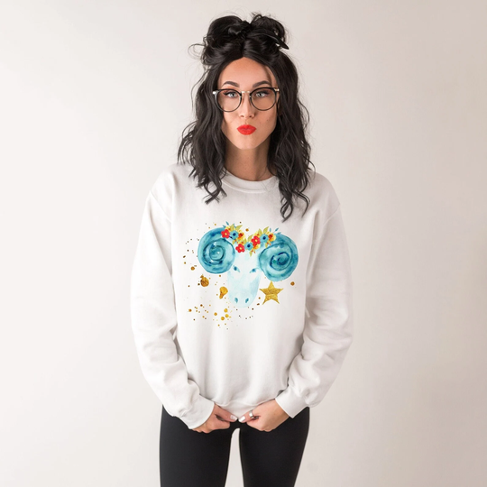 Aries Zodiac Sweatshirt - Celestial Ram Unisex Pullover April Baby Birthday Long Sleeved