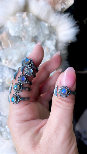 Labradorite Ring, Celestial Moon Boho 925 Silver Ring