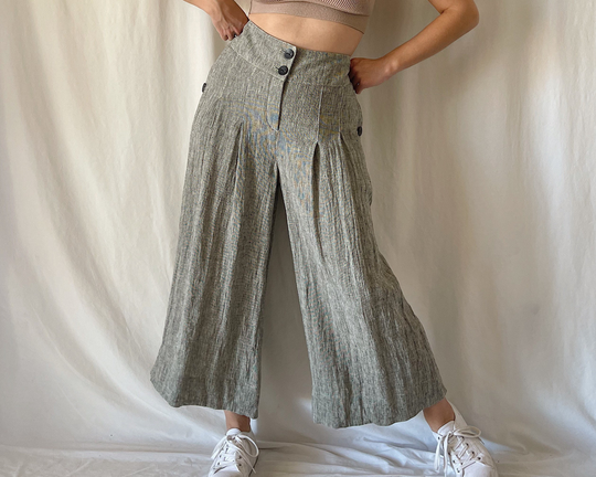 Late 1990S Salt + Pepper Woven Linen Blend Wide Leg Pleated High Rise Trousers