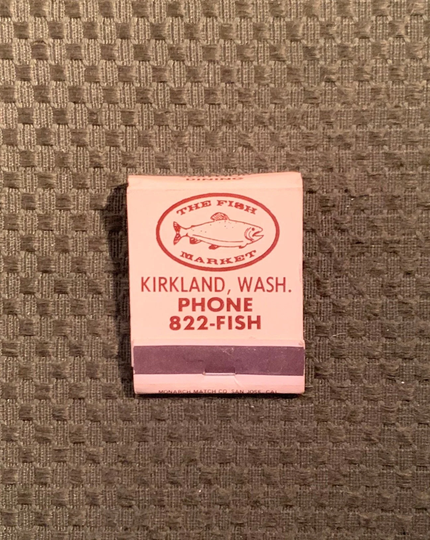 Vintage Matchbook, The Fish Market, Restaurant, Kirkland, Washington, Front Strike, with 20 Match Sticks, Free Ship in Usa