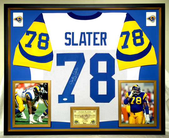 Premium Framed Jacky Slater Autographed/Signed Rams Jersey - Jsa Auth