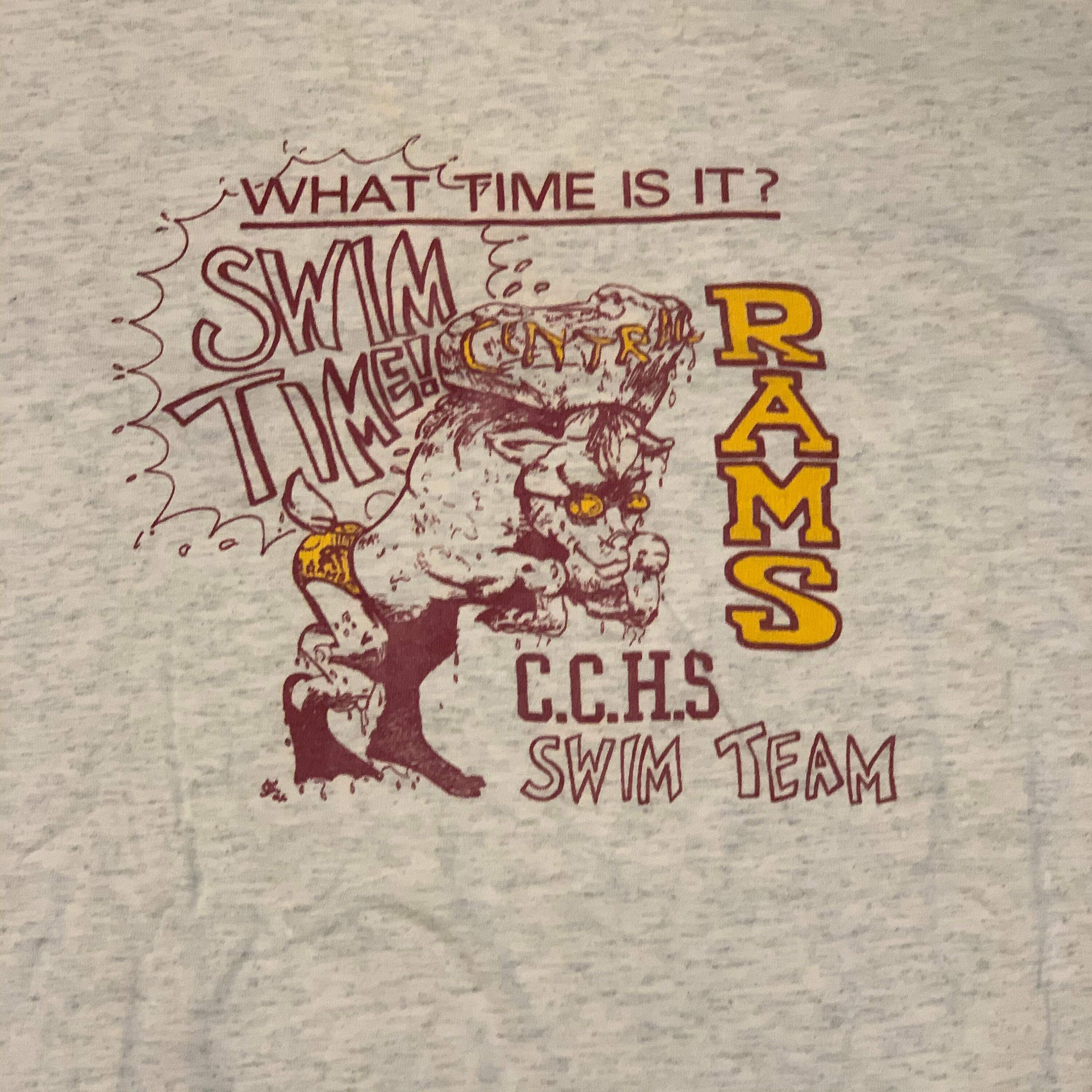Vintage 90S Rams Swim Team T-Shirt Size Xl Extra Large Vtg 1990S High School Ram Animal Swimming Tee Shirt Red Gold Usa