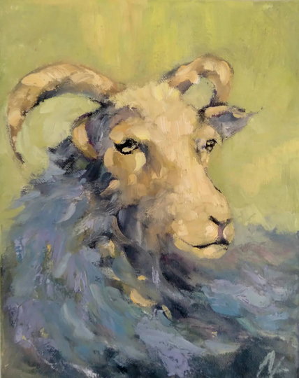 Original Blue Ram Lamb Sheep Oil Painting, Farm Animal Artwork, Wildlife Painting
