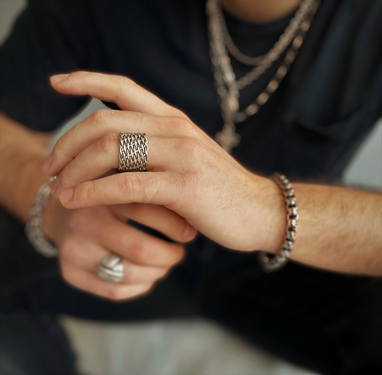 Mens Oxidized Braided Band Ring, Bold Adjustable Mens Statement Raw Silver Plated Wide Rock Style Cuff Gift For Him