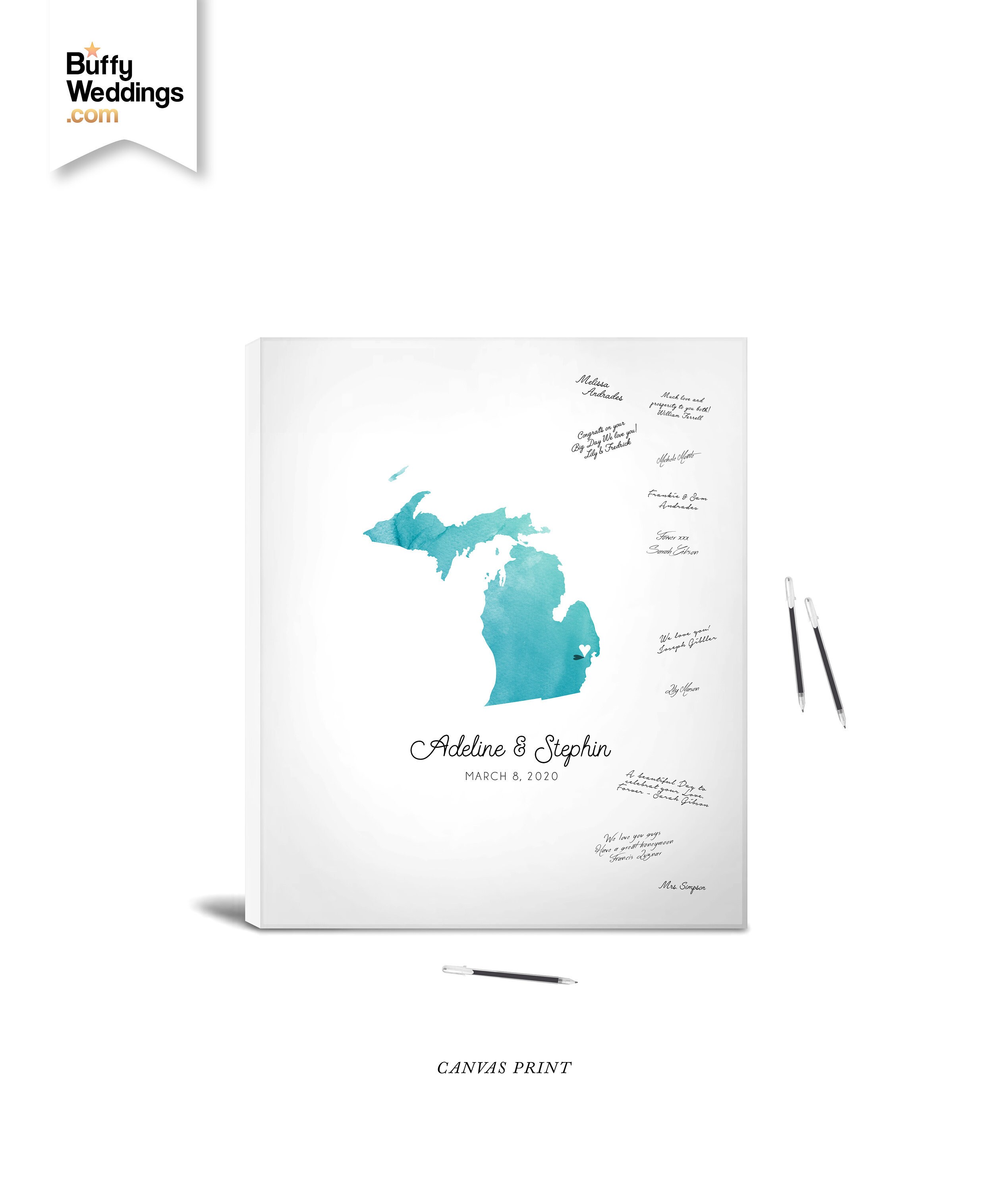 Michigan State Watercolor Guestbook . Sign Our Wedding Detroit Map Printed On Sign-Able Canvas Or Framed Choose Your Fonts & Colors