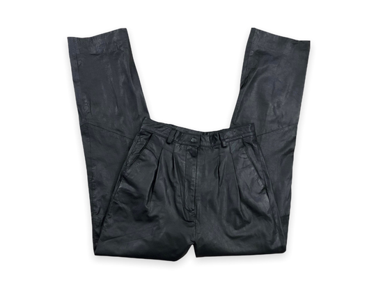 Vtg 90S Black Leather Trousers High Waisted Tapered Leg Pleated Front Pants 1990S Vintage Byrnes & Baker Medium M 28