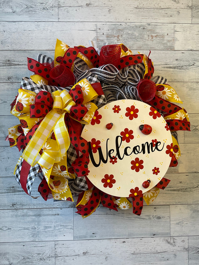 Ladybug Wreath For Front Door, Red Ladybug Wall Decor, Daisy & Summer Wreath, Welcome Sign
