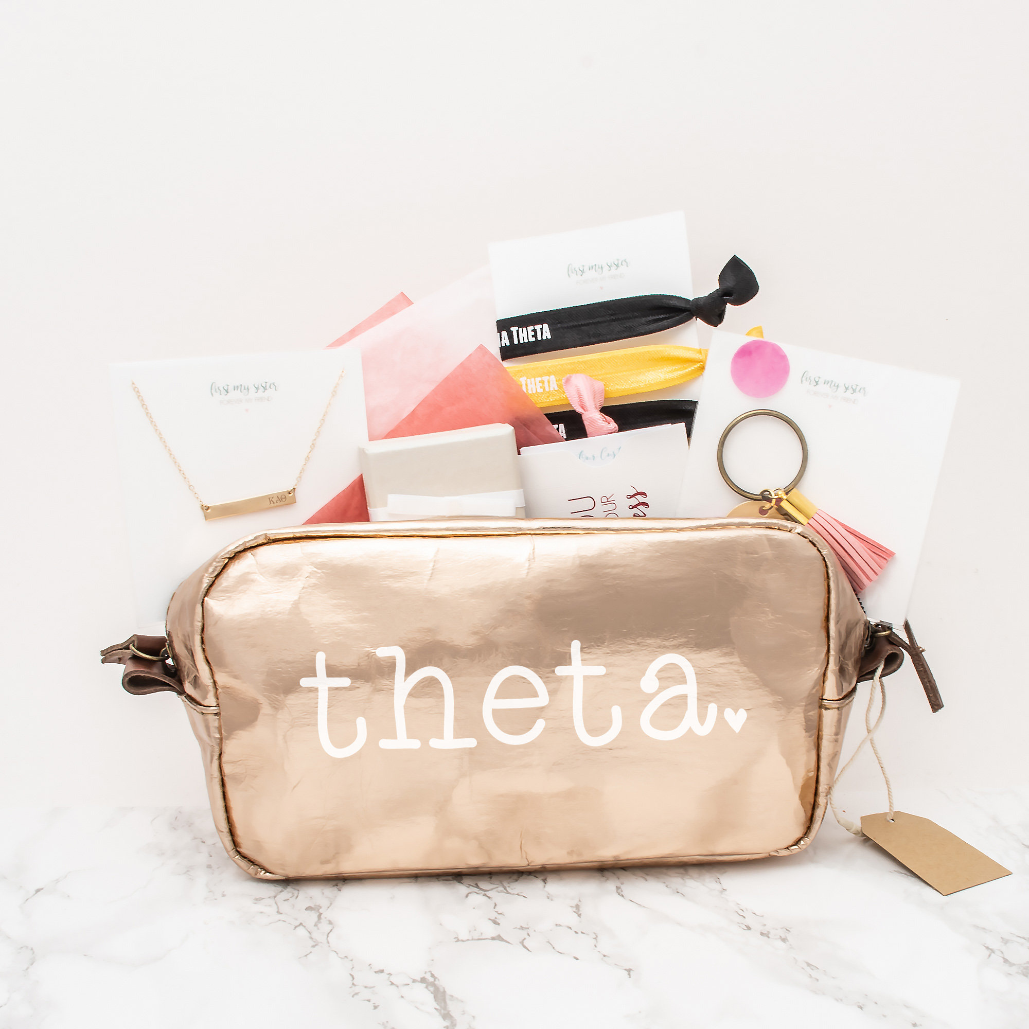 Kappa Alpha Theta Gift Set, Kao Sorority Gifts Bundle, Greek Pack With Bag, Bar Necklace, Rings, Hair Ties & Keychain