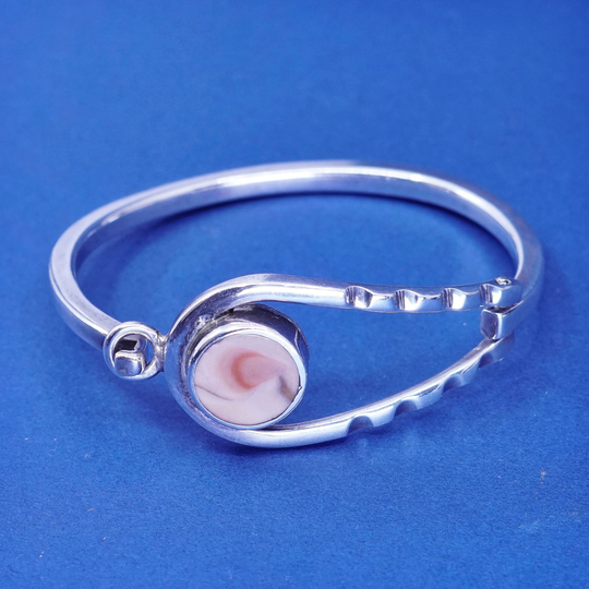 6.75", Vintage Mexico Sterling Silver Handmade Bracelet, 925 Hinged Bangle With Shell, Stamped