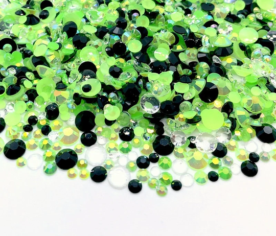 Dragon Blend Rhinestone Mix 3/4/5/6mm Flatback Jelly Resin Rhinestones Mixed Size, Green | Black Clear