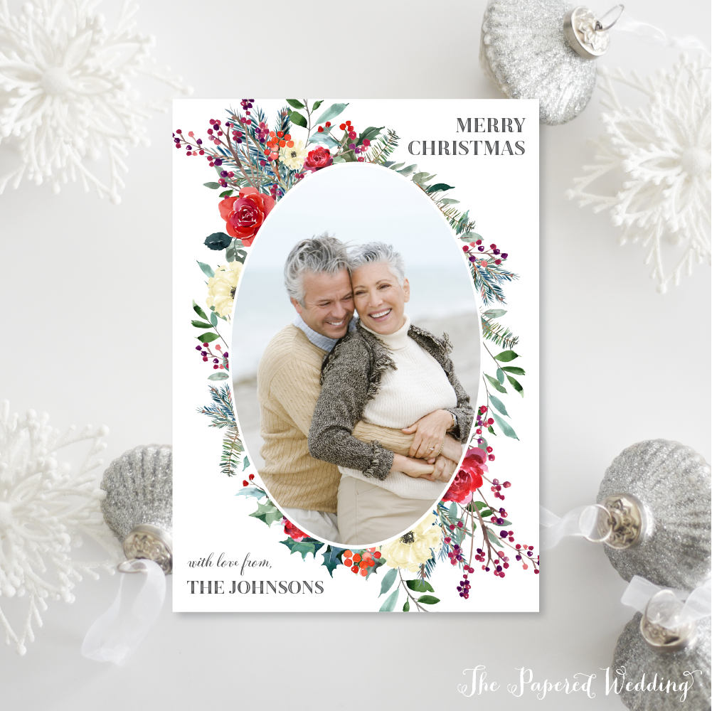 Printable Or Printed Floral Christmas Cards - Red Flower & Pine Merry Photo With One Picture Portrait Card 031 P1