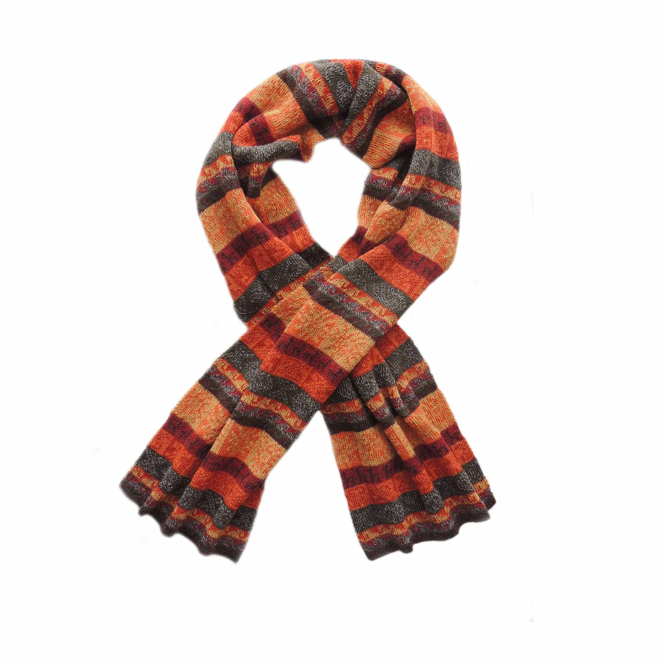Scarf Alpaca Blend With Ethinic Pattern Jacquard Knitted Orange - Multicolor Unisex