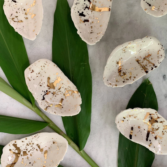 Gold Splatter Oyster Bowl - Small Ceramic Dish, Ring Dish Gold, Trinket Dish