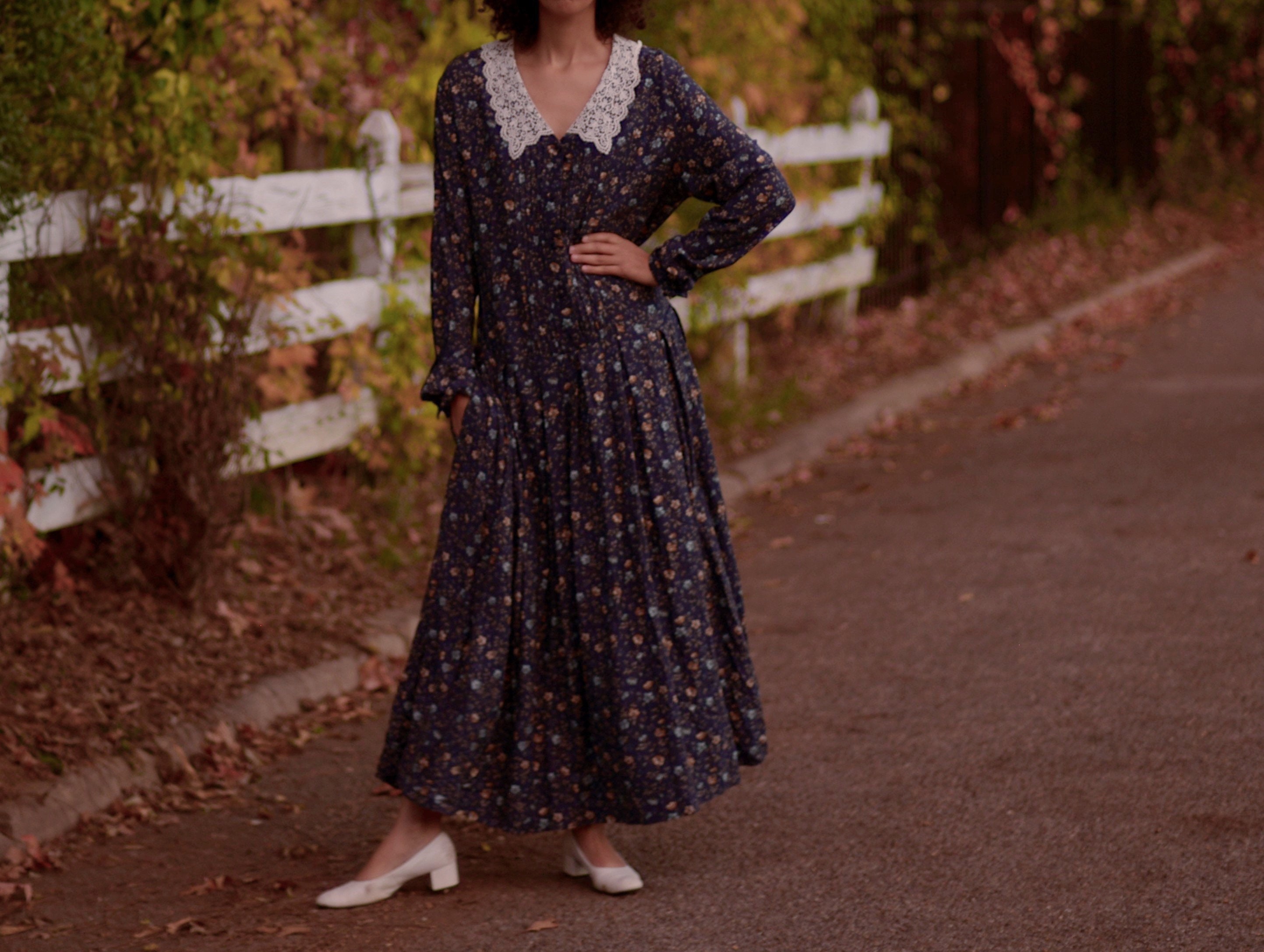 80S Laura Ashley Wool Blend Floral Drop Waist Full Fit Dress // Fits Up To Large
