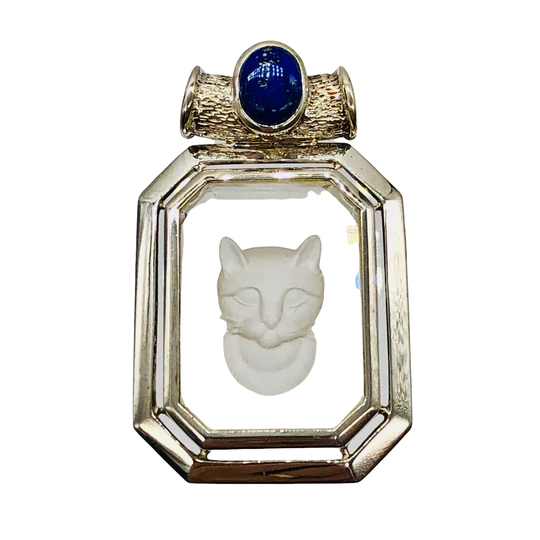 Lapis & Cat Etched Quartz Sterling Silver Pendant | 1 3/4" Long Blue/Clear
