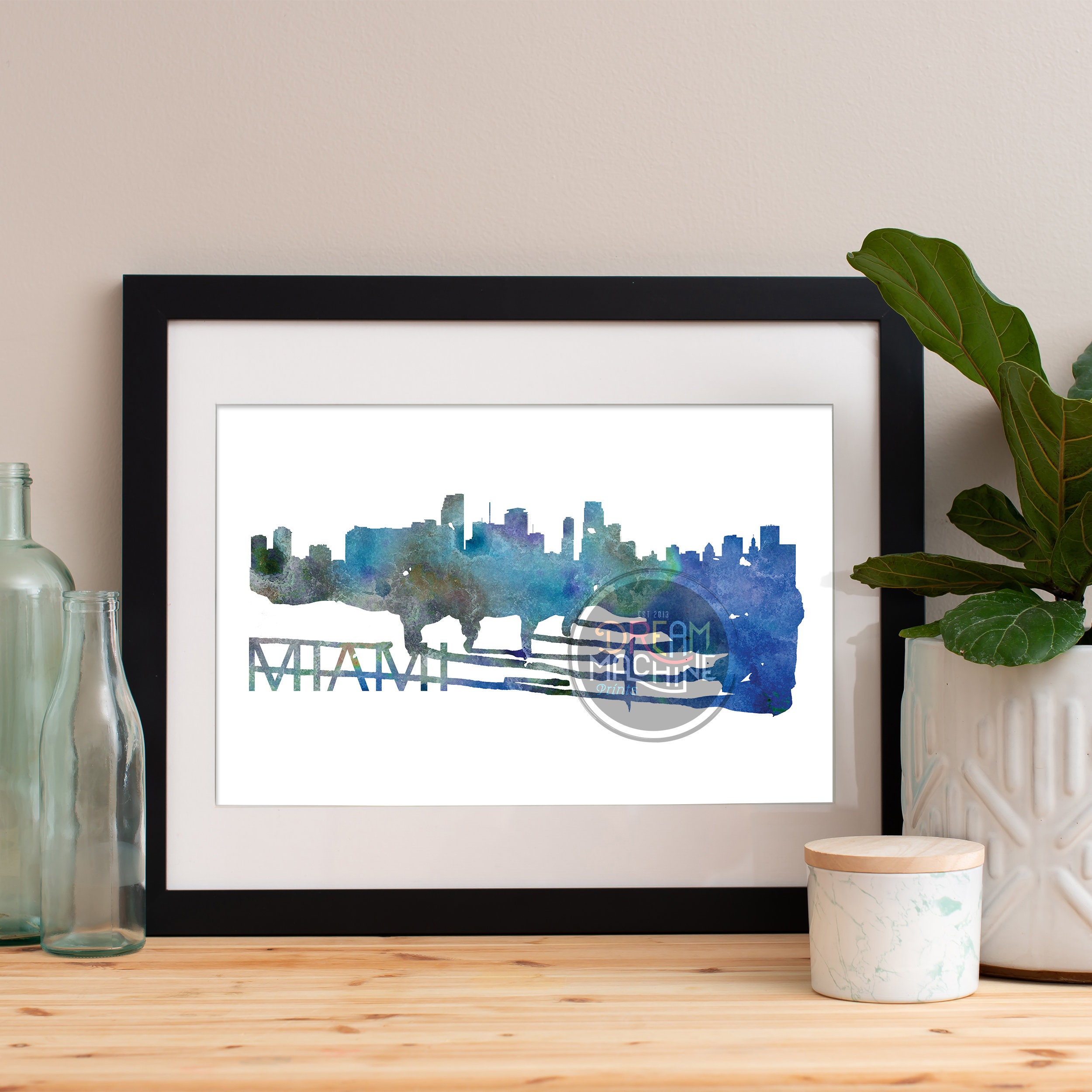 Miami Watercolor Skyline, Art, Poster, Print, Map, Wall Florida Art