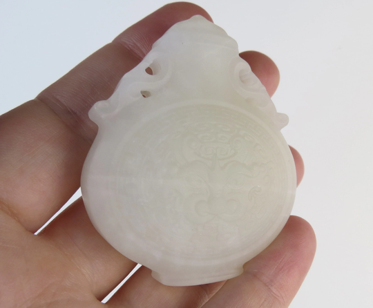 Ancient Bronze Urn Design With Taotie Mask Mythical Chinese Face White On Natural Carved Nephrite Jade Pendant