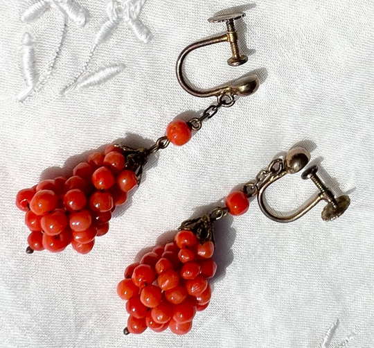 Antique-1920S Italian Dark Salmon Natural Coral Bead 800 Silver Dangle Earrings