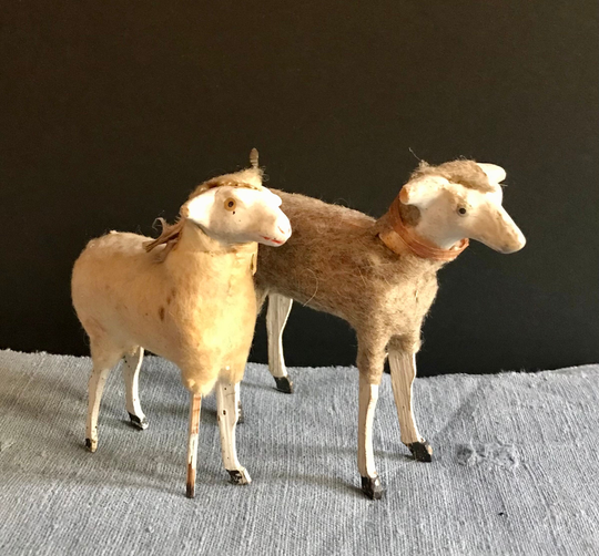 Antique Putz Wooly Sheep, White Ram, Brown Ewe, Stick Legs, Sold Separately