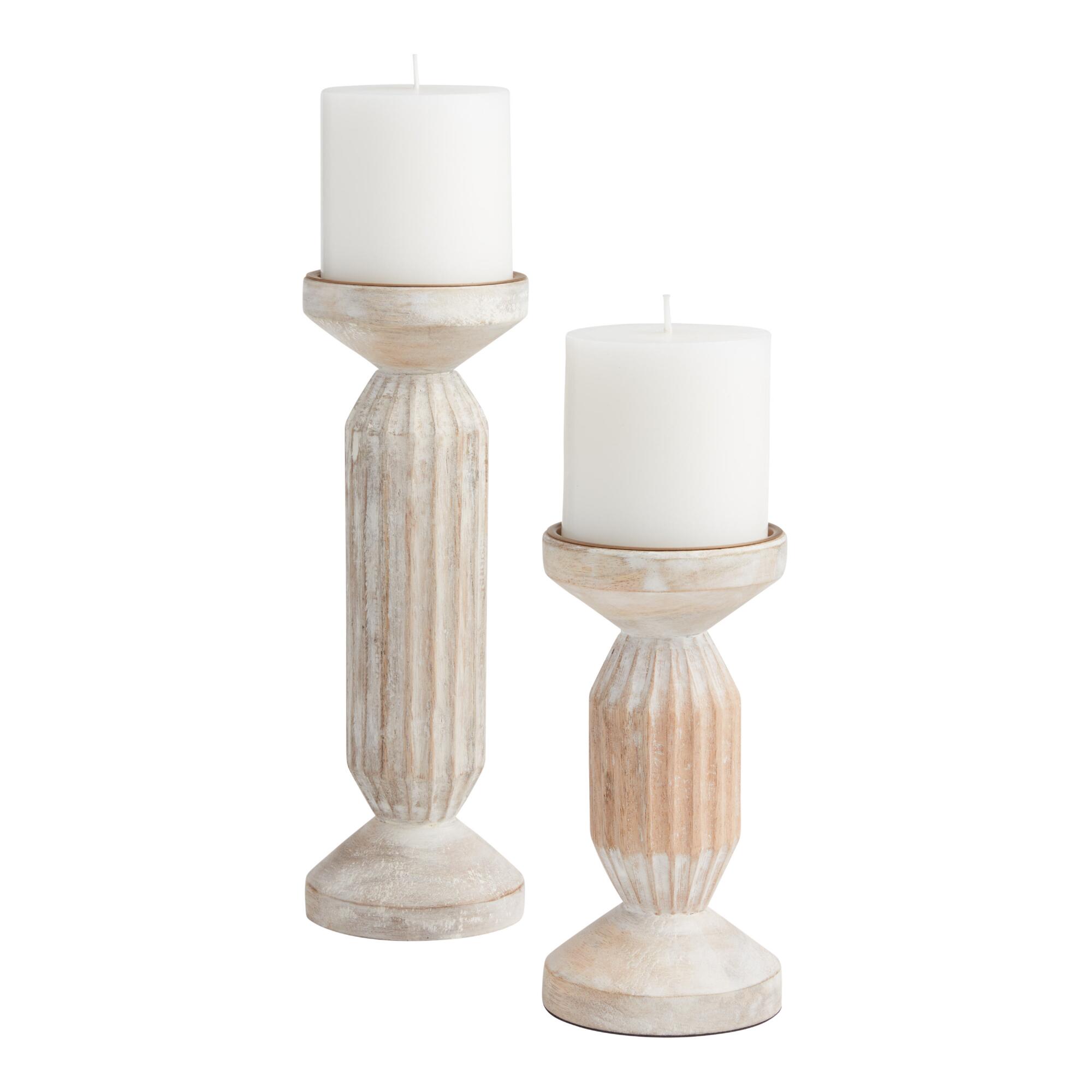 Whitewashed Wood Ribbed Pillar Candle Holder by World Market