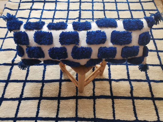 Gift, Moroccan Blue Lumbar Cover 36"x14" Decorative Pillow Cushion From Handwoven Berber Wedding Handira Blanket, Gift For All Parties