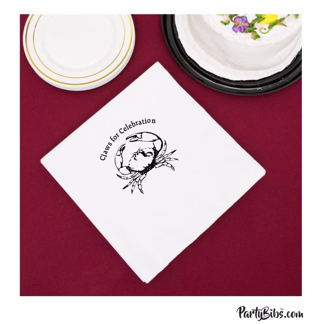 Claws For Celebration Crab Napkins, Pk Of 25, Beverage Cocktail Size, White W/One Color Imprint-Great Parties-Low-Seafood Dinners