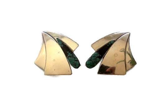 Modern Design Silver Malachite Clip Earrings Signed