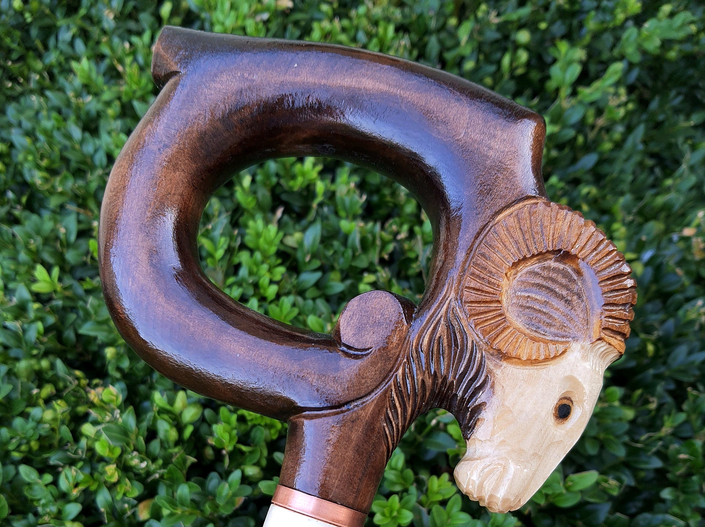 Cane Walking Stick Canes Sticks Reed Staff Wood Wooden Hand-Carved Carving Handmade Accessories | Ram Round Brown