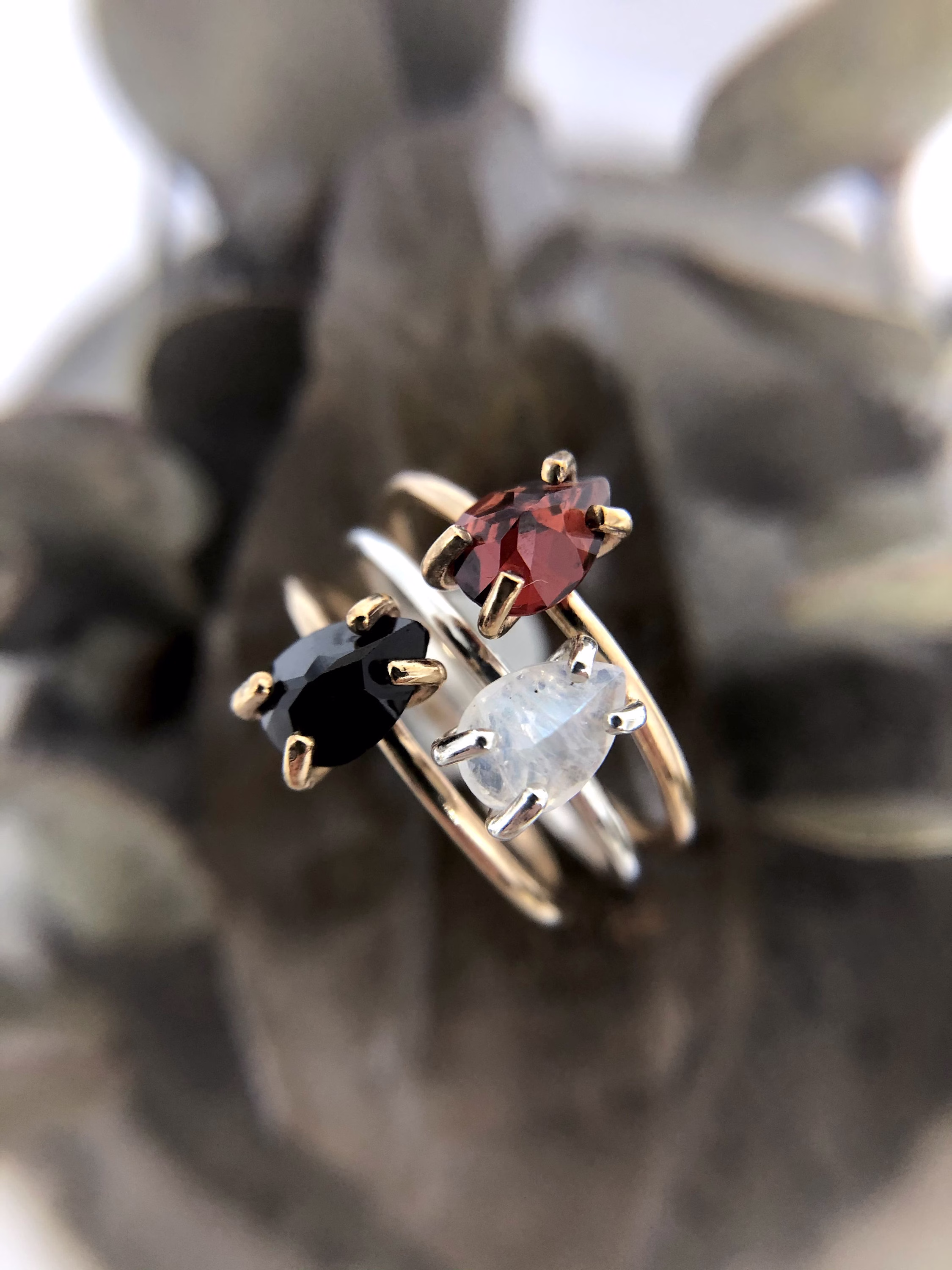 Gemstone Ring | Moonstone Garnet Black Spinel Sterling Silver Modern Gold Statement Open Fire Jewellery