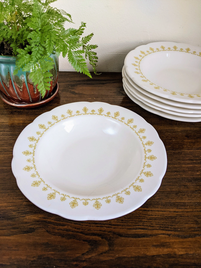 Two Buffalo China 9" Soup Bowl Set Of Buf59 Yellow Gold Leaf Wide Scalloped Rim Pattern 50S Restaurant Ware