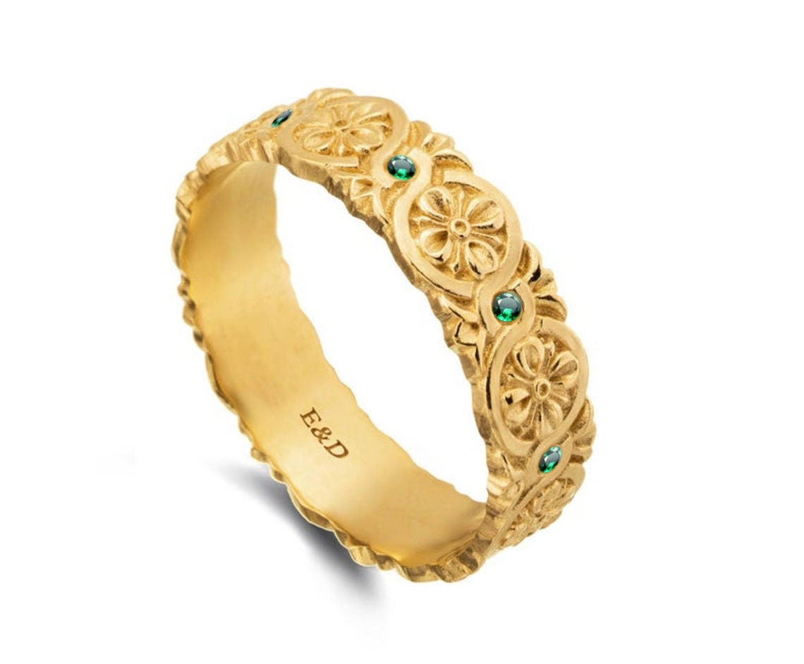 Emeralds Wedding Ring Celtic Infinity Knot 14K Solid Gold Wedding Band
