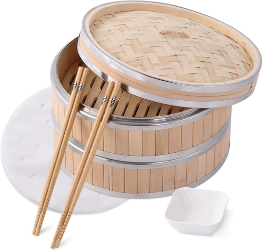 Green Science Bamboo Steamer Basket - Premium 2 Tier Food With Lid Natural Handmade For Cooking/Veggie/Dumplings