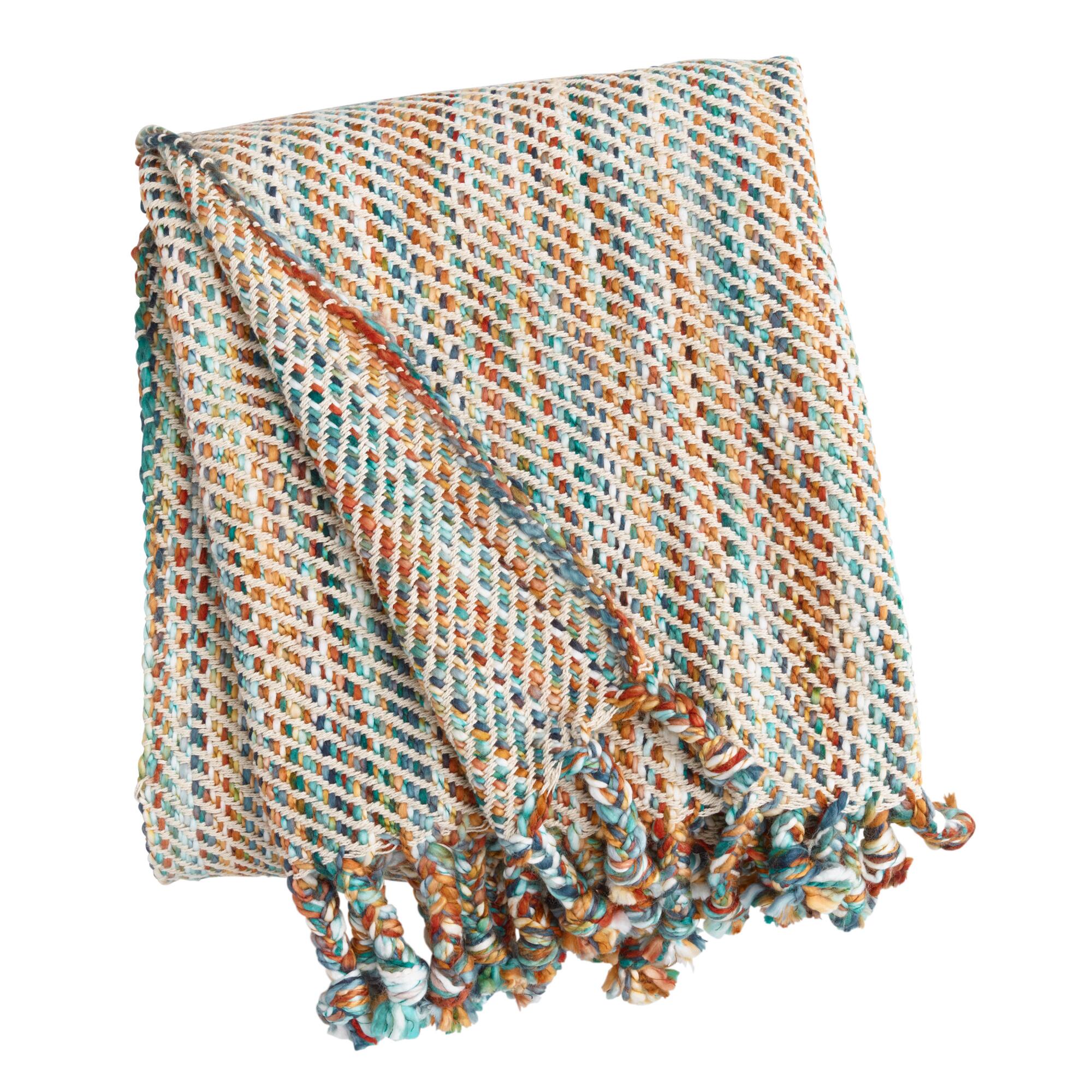 Blue Multicolor Stitch Fringe Throw Blanket by World Market