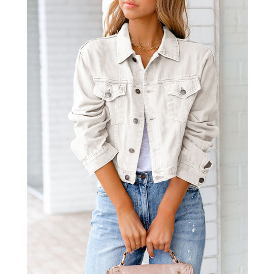 New cotton blend solid denim jacket long sleeve top - White, S