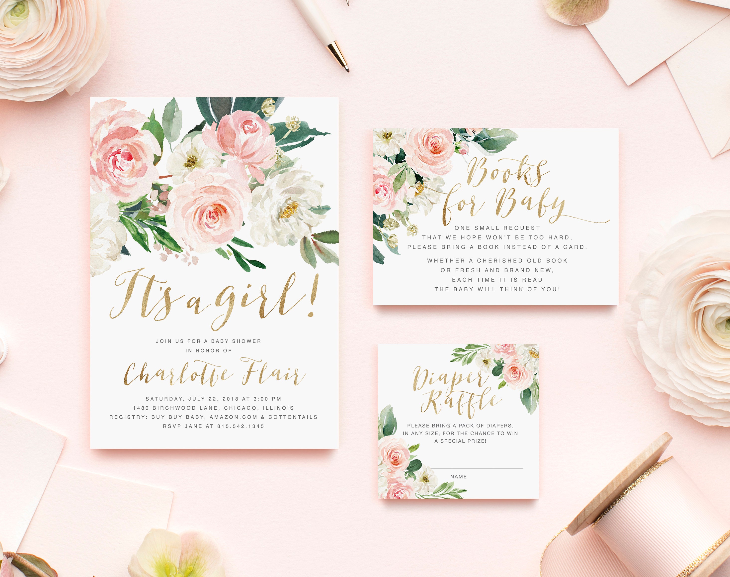 Girl Baby Shower Invitation Set Girl, Floral Baby Shower Invite, Blush Pink White, Gold, Printed/Printable Charlotte
