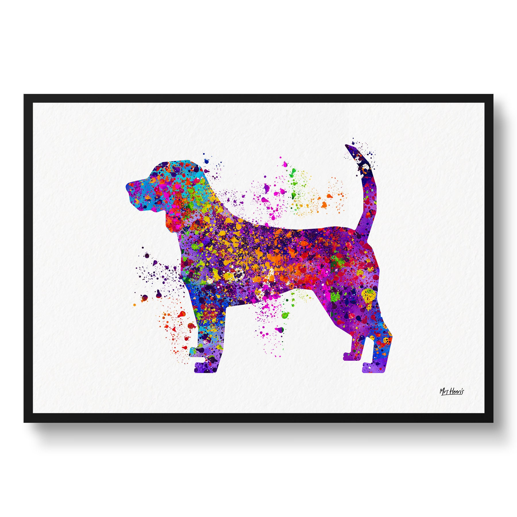 Beagle Watercolour Splash Dog Print - Veterinary Decor Gift Illustration Framed & Unframed Wall Art For Lovers & Vets