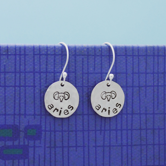 Aries Sterling Silver Earrings, Zodiac Sign Jewelry, Hand Stamped Personalized Jewelry Unique Gift For Her