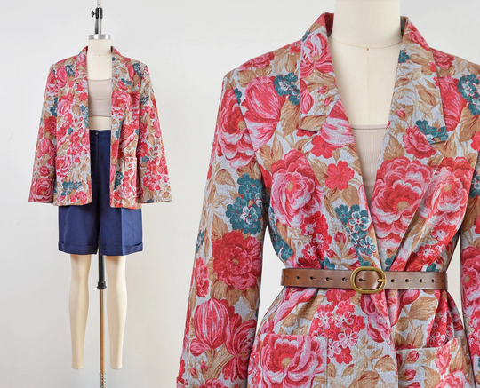 Floral Blazer | 80S 90S Vintage Silk Blend Romantic Cottagecore Jacket Blue Pink Red Size M L