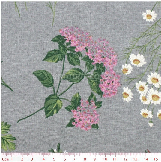 Linen 1/2Y Wide Size Korean Fabric/ Medium Weight High Quality Linen Cotton Blended Fabric Wide Size Half Yard 54" X 18" - Herb Flower Gray