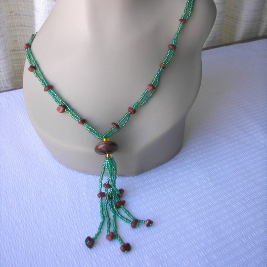 Brown Goldstone Venetian Glass Bead Tassel Hypoallergenic Necklace/Positive Energy Meaningful Gift