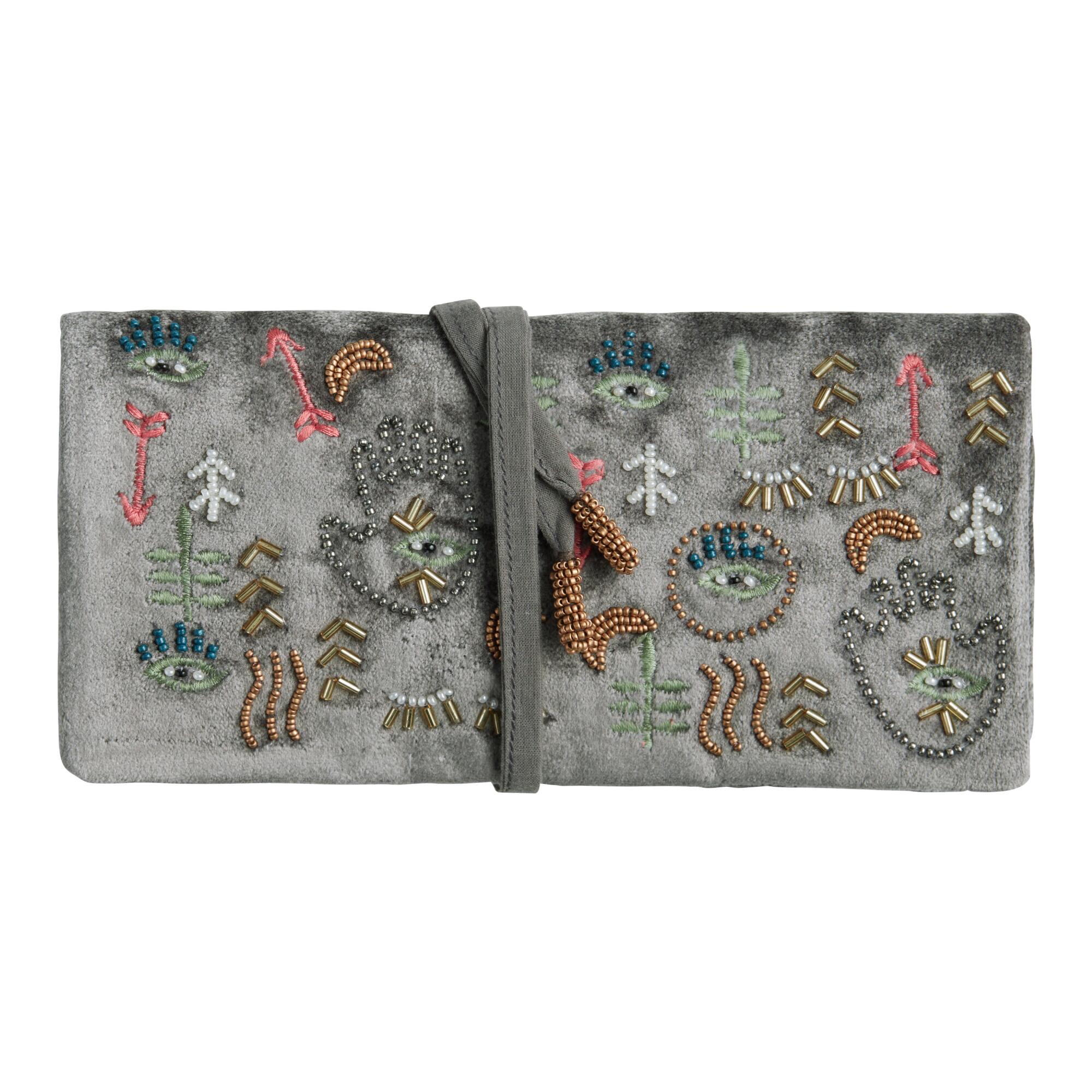 Gray Velvet Hamsa and Evil Eye Beaded Jewelry Roll by World Market