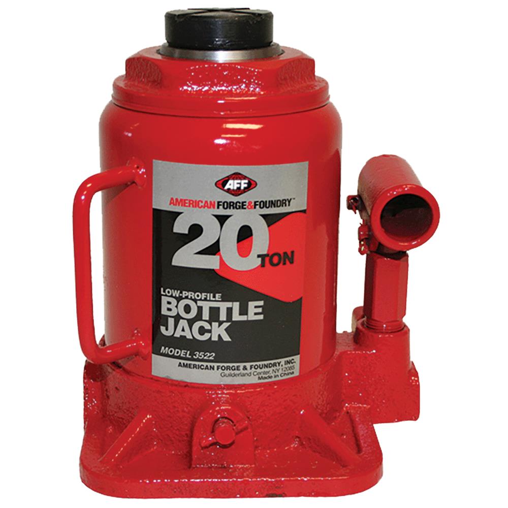 American Forge & Foundry Heavy Duty 20 Ton Bottle Jack, Manual, Short Body, Machine Hardened Steel Saddles, Centered Pumps and Rams | 3522