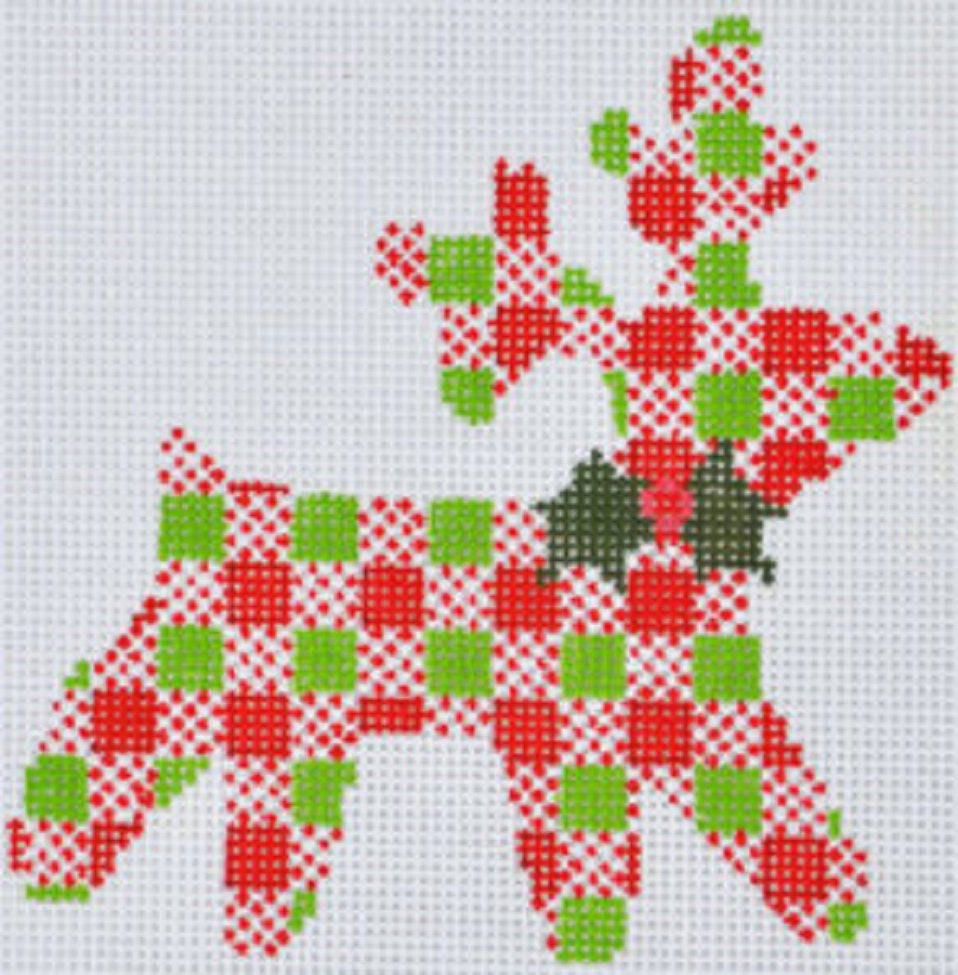 Needlepoint Handpainted Christmas Danji Plaid Reindeer 4x4 -Free Us Shipping