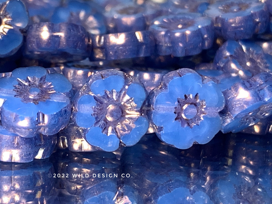 Blue Flower Beads Czech Glass Blue Violet Opaline 10mm Hawaiian Flower Hibiscus Beads 10Pc