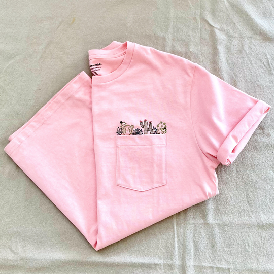 Hand Embroidered Cactus Pink Pocket T-Shirt, Cacti Pocket, Women's Shirt, Tee, Flower T-Shirt