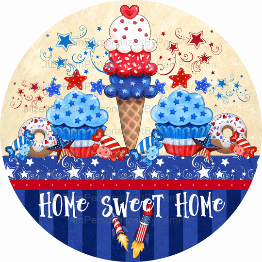 10" Round Patriotic Wreath Sign, Home Sweet Personalize It By Pam, Signs