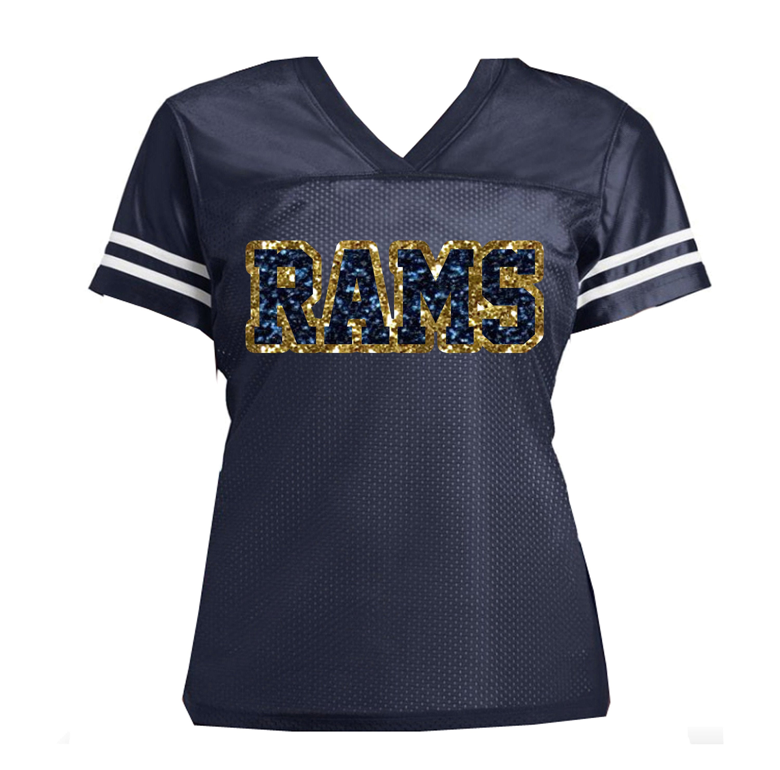 Rams Glitter Jersey, La Or Choose Your Football Team, Women Bling Shirt, Navy & Gold, Los Angeles