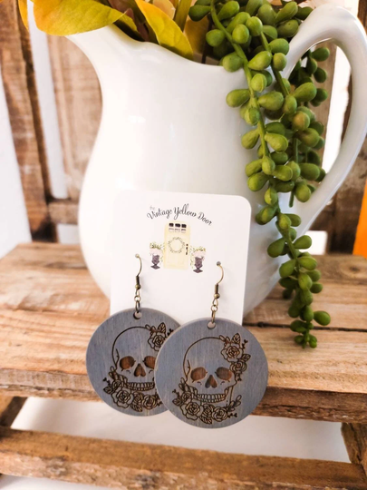Floral Skull Wooden Engraved Earrings, Gift For Her, Mom, Girlfriend, Friend, Wood, Dangly, Halloween, Free Shipping, Skeleton